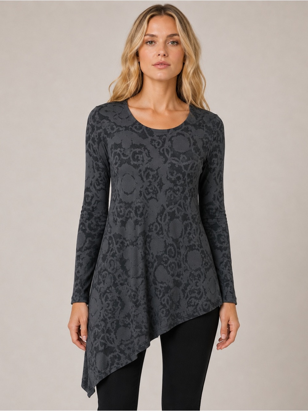 Byrn Walker Floral Damask Gray Dress Asymmetrical Side Hem Tunic Top Lagenlook S